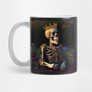 Skeleton in garden with golden crown happy Mug